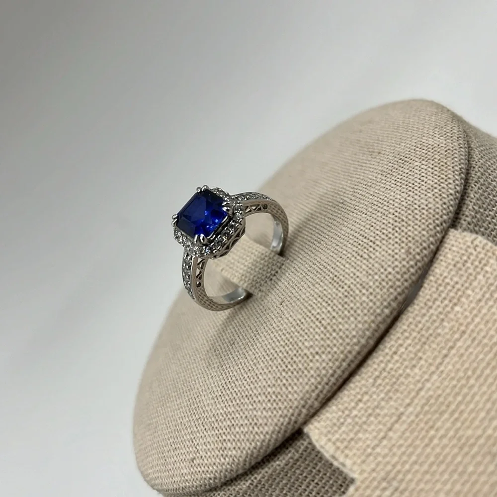 Sterling Silver 925 ๐ Blue Sapphire CZ Halo Ring - Size 7 - Picture 6 of 17